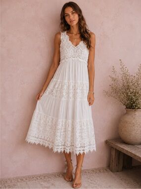 Bella Amore Italy Silk Blend Lace Dress Babydoll White Boho Romantic Tier Bridal
